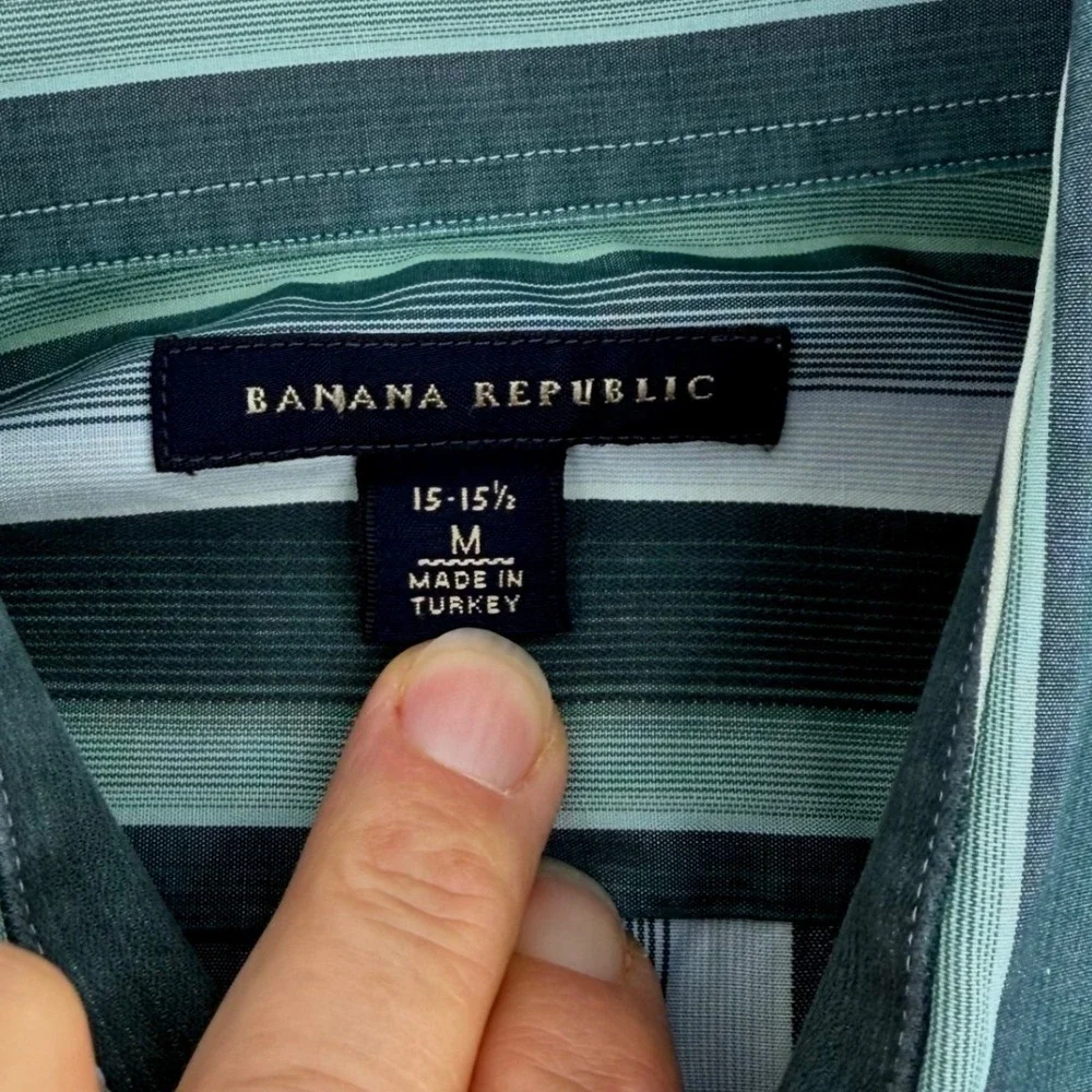 Banana Republic Mens Green Striped Long Sleeve Button Down Shirt 15-15 1/2
